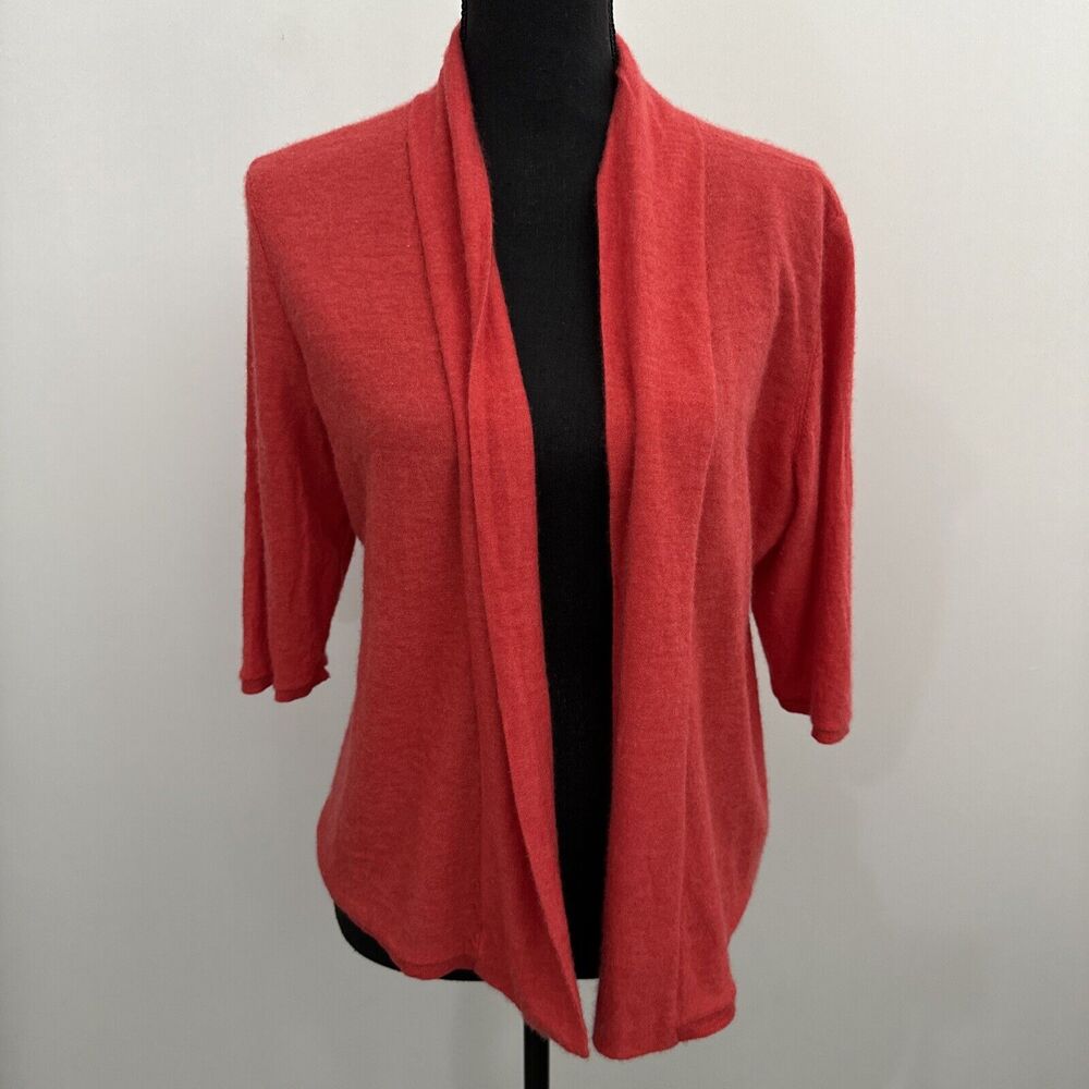 Eileen Fisher Large Pink Coral 100% Cashmere‎ 3/4 Sleeve Cardigan Sweater W/hole